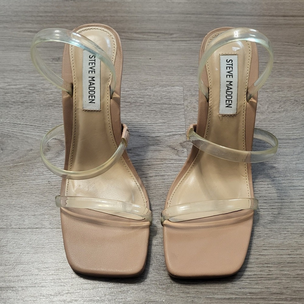 Steve Madden Gracey Tan Clear Strap Square Toe Stiletto Neutral Heels 6.5 Party